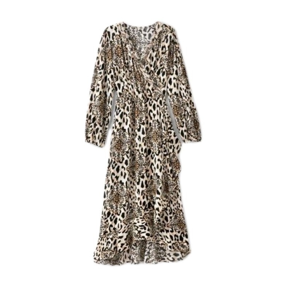 Soft Surroundings Priyani Dress Faux Wrap Maxi Animal Print Viscose Beaded Small